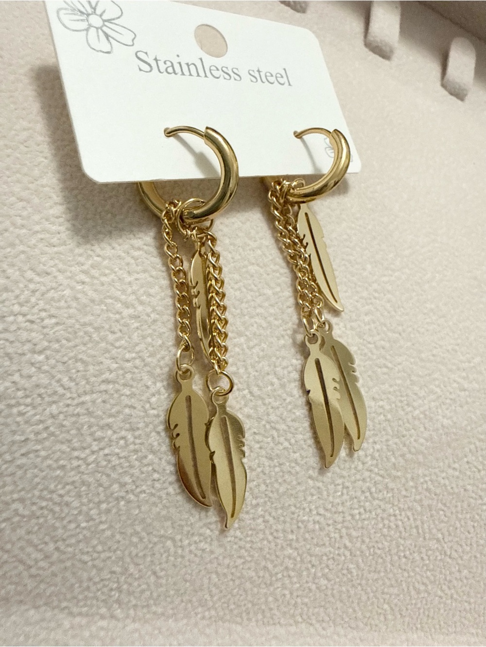 Stainless Steel Gold Feather Dangle Hoop Earrings